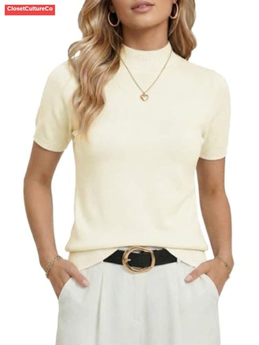 Short Sleeve Mock Neck Knit Pullover Sweater Business Casual Top